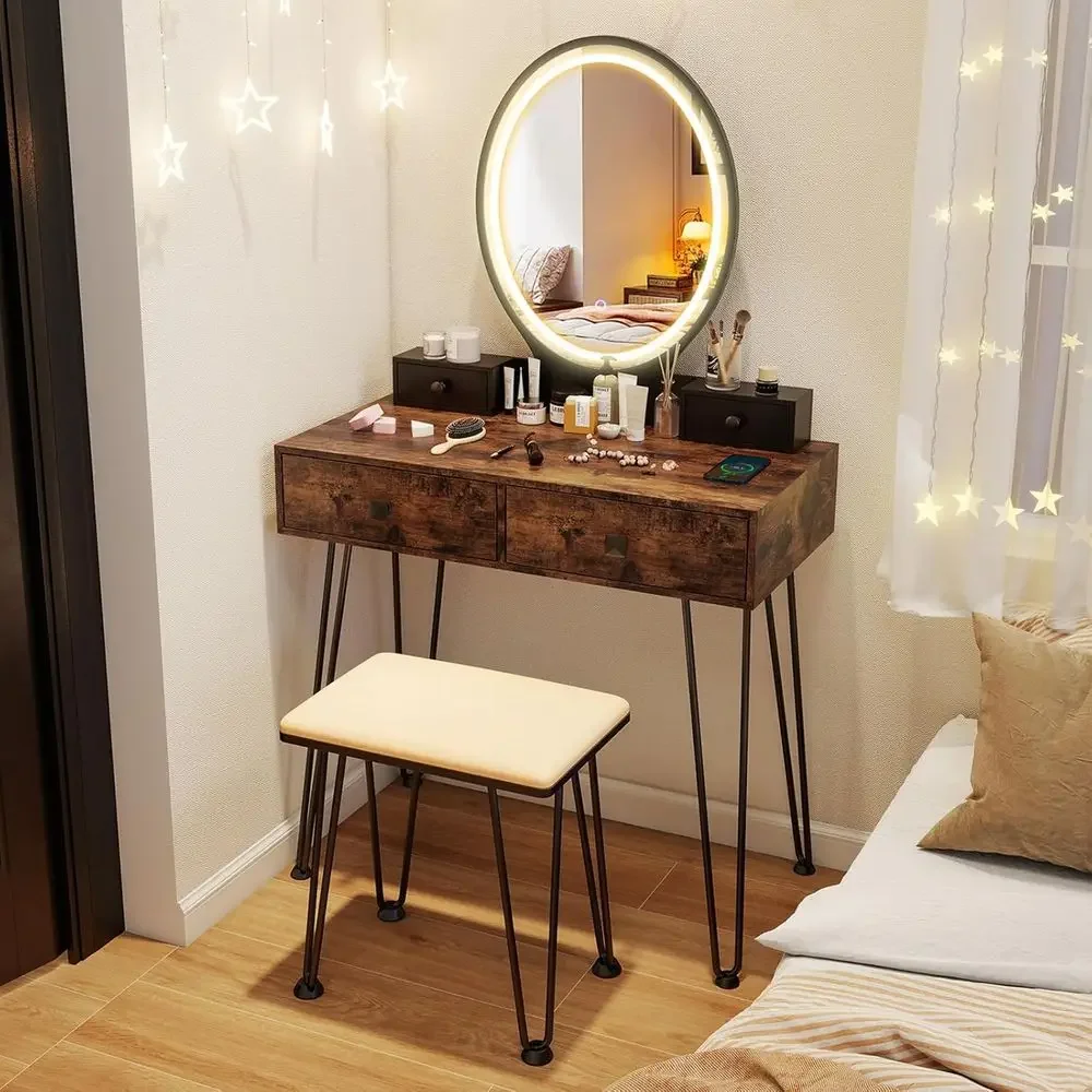 Desk Drawer Small - Toeletta Rustica Marrone con Specchio, Luci,